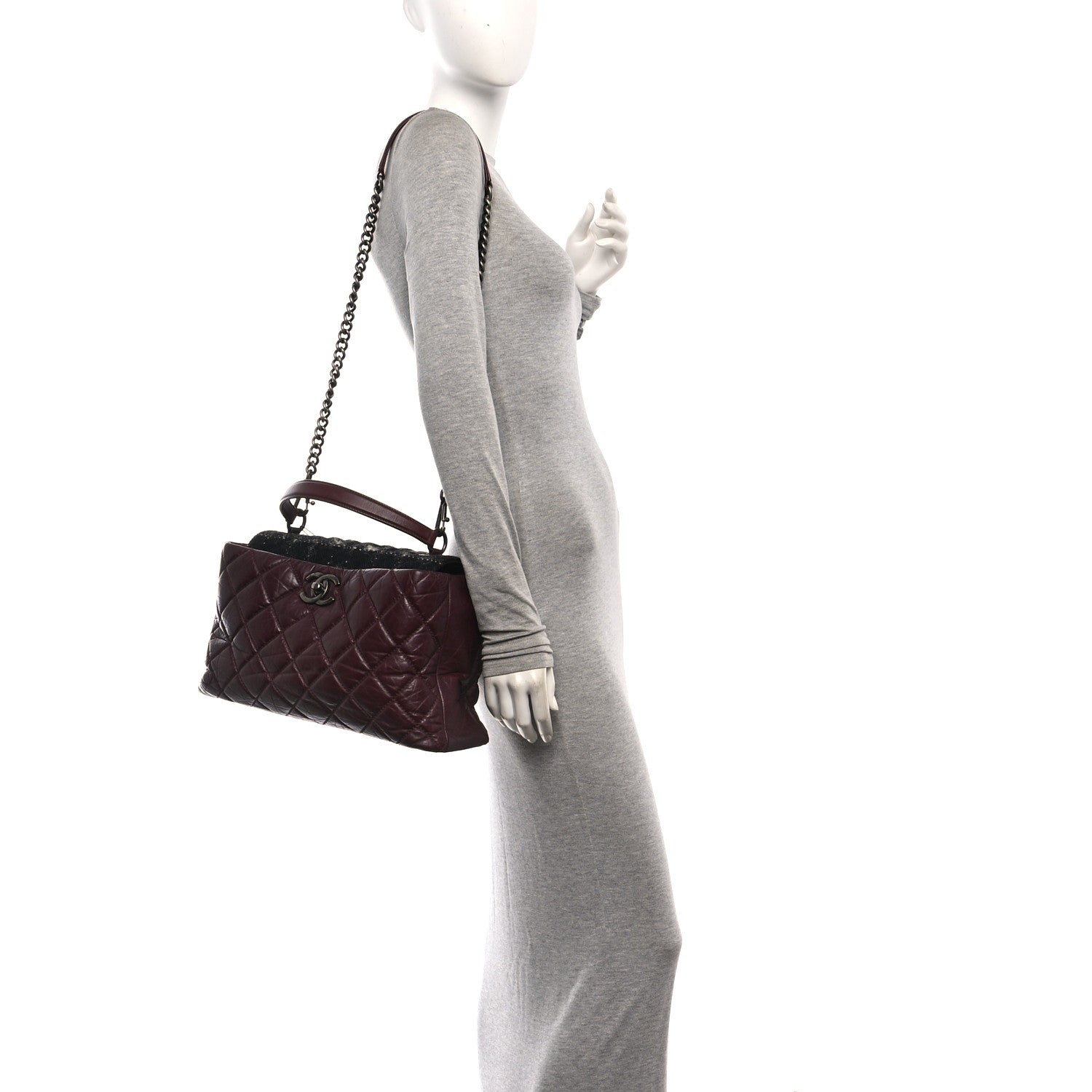 Chanel Aged Calfskin Quilted Tweed Portobello Tote Burgundy 2 of 10