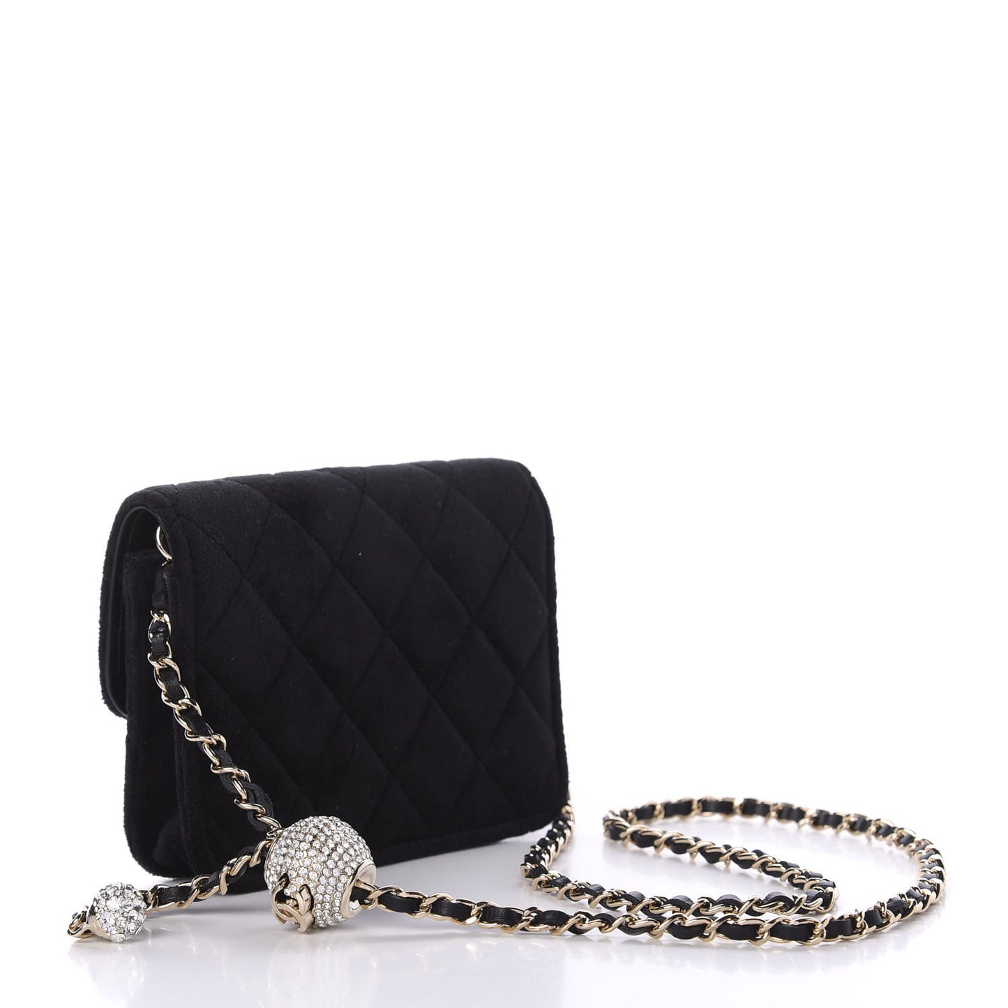 Velvet Quilted Pearl Crush Clutch With Chain Black