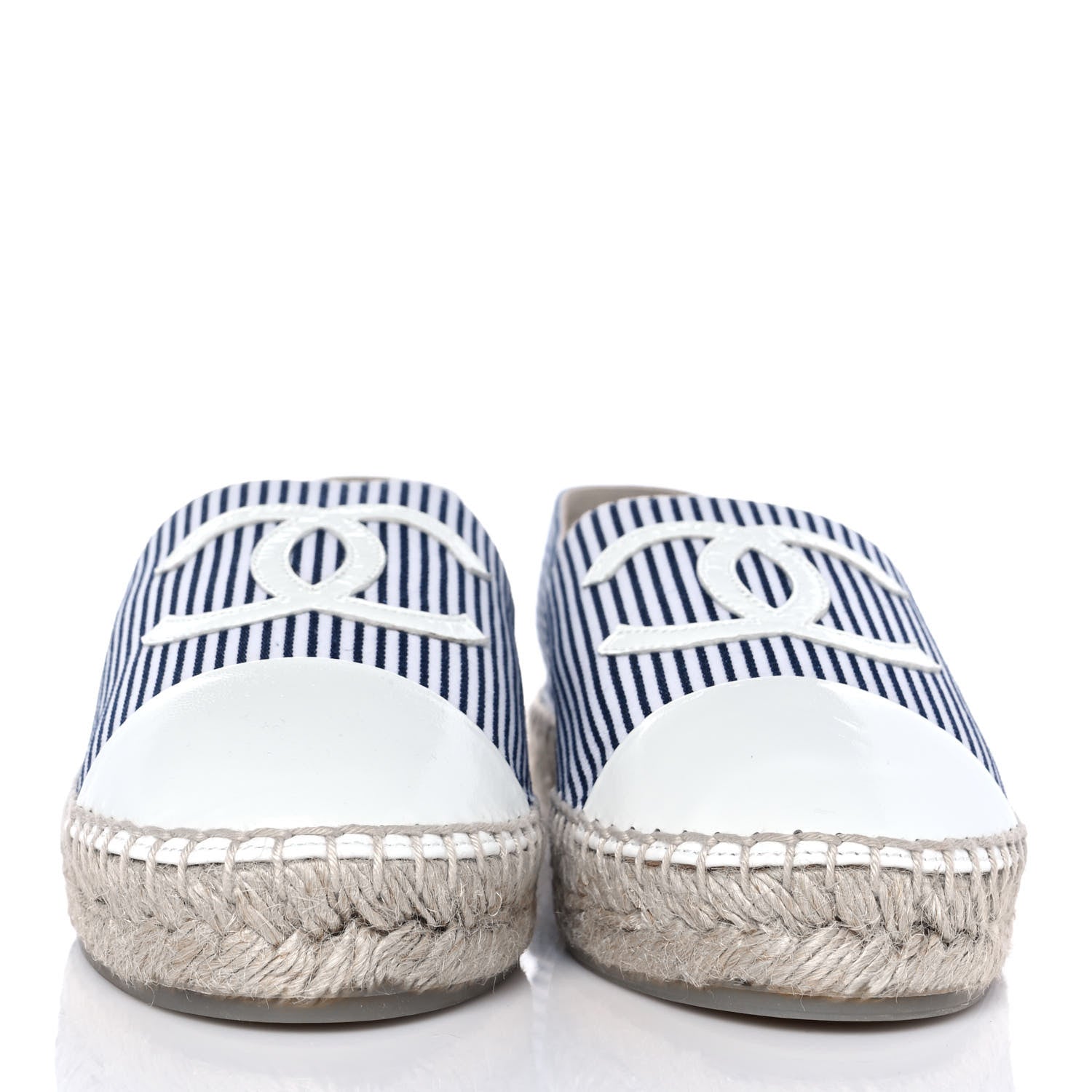 Chanel Canvas Striped Patent CC Espadrilles 37 Ivory Navy White 2 of 9