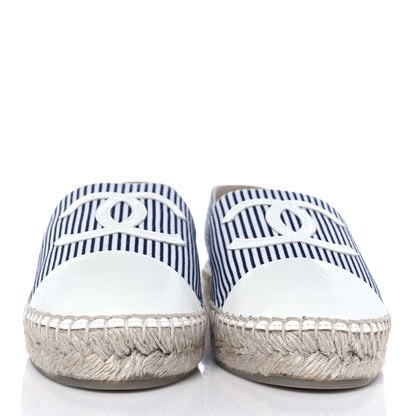 Chanel Canvas Striped Patent CC Espadrilles 37 Ivory Navy White 2 of 9