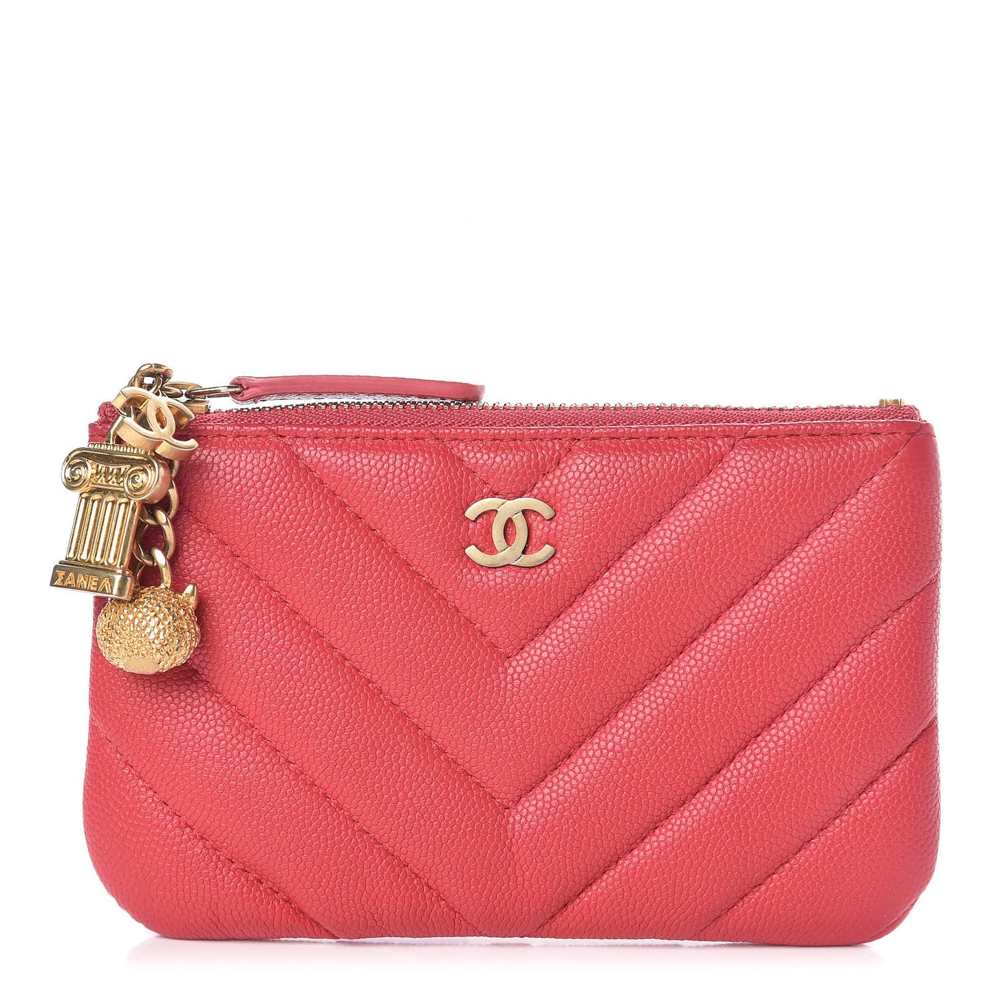 Caviar Chevron Quilted Small Ancient Greek Charms Cosmetic Case Dark Pink