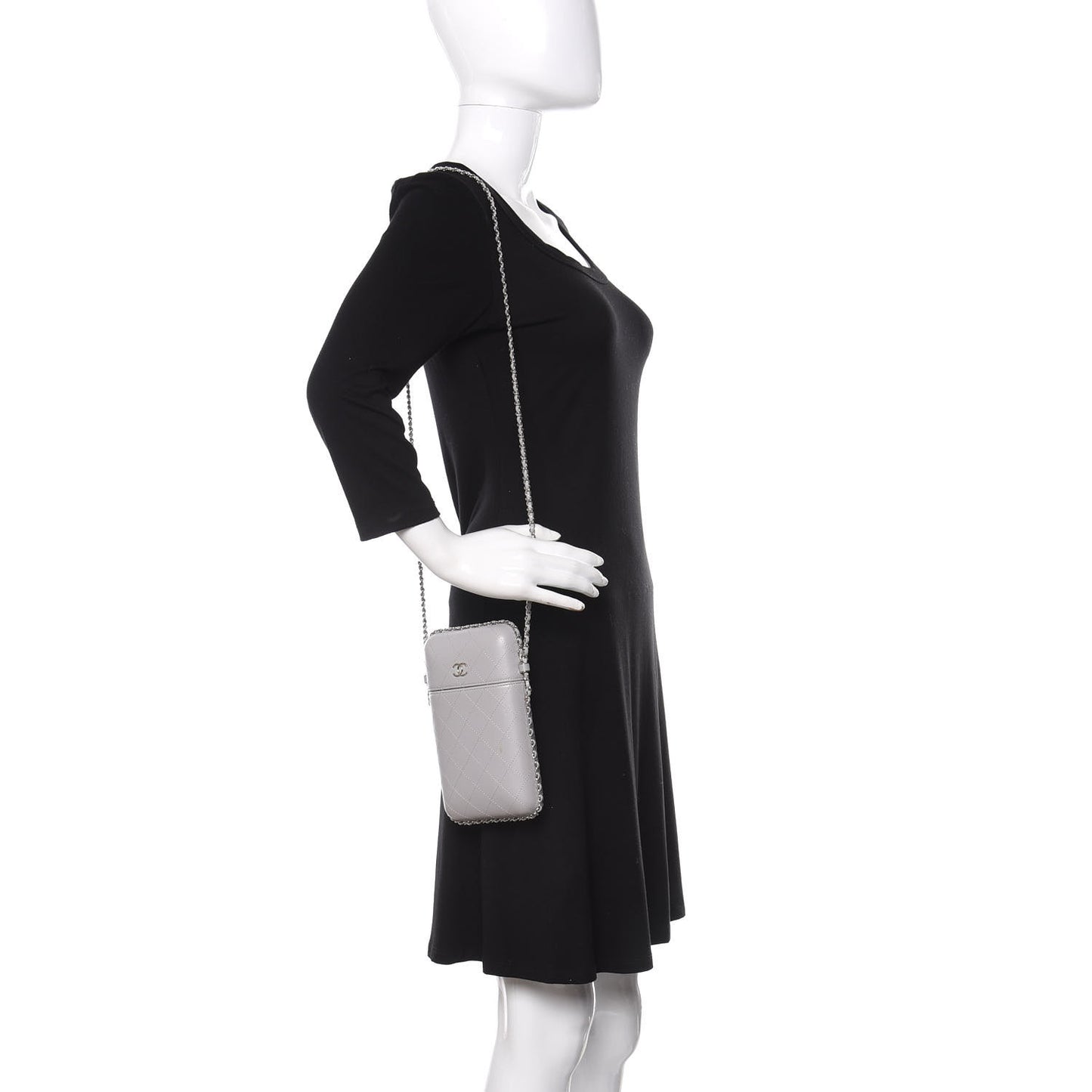 Lambskin Quilted Chain Around Phone Holder Grey