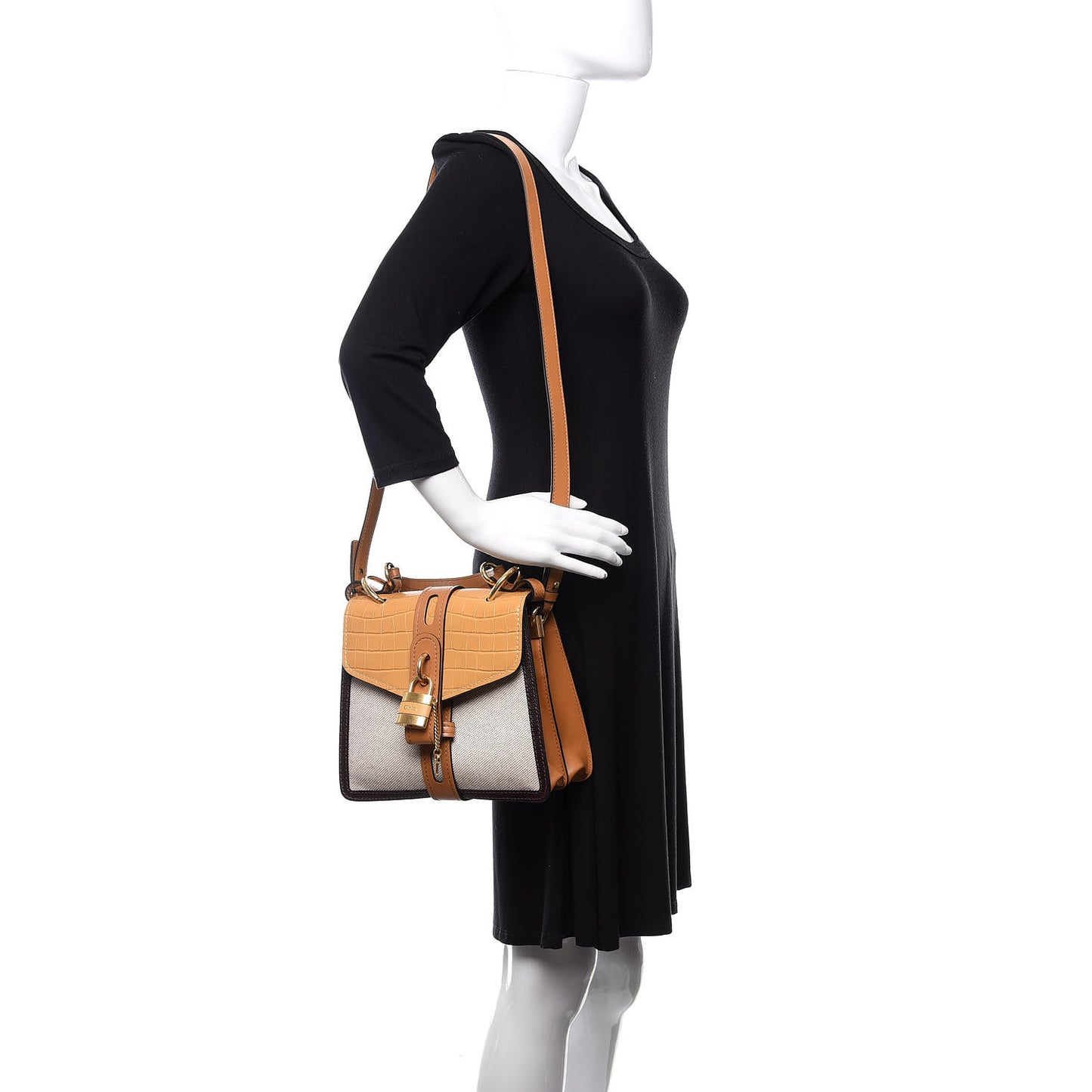 Calfskin Crocodile Embossed Canvas Small Aby Day Shoulder Bag Honey Gold