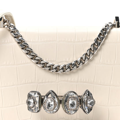 Alexander McQueen Shiny Calfskin Crocodile Embossed Knuckle Jeweled Crossbody White 7 of 9