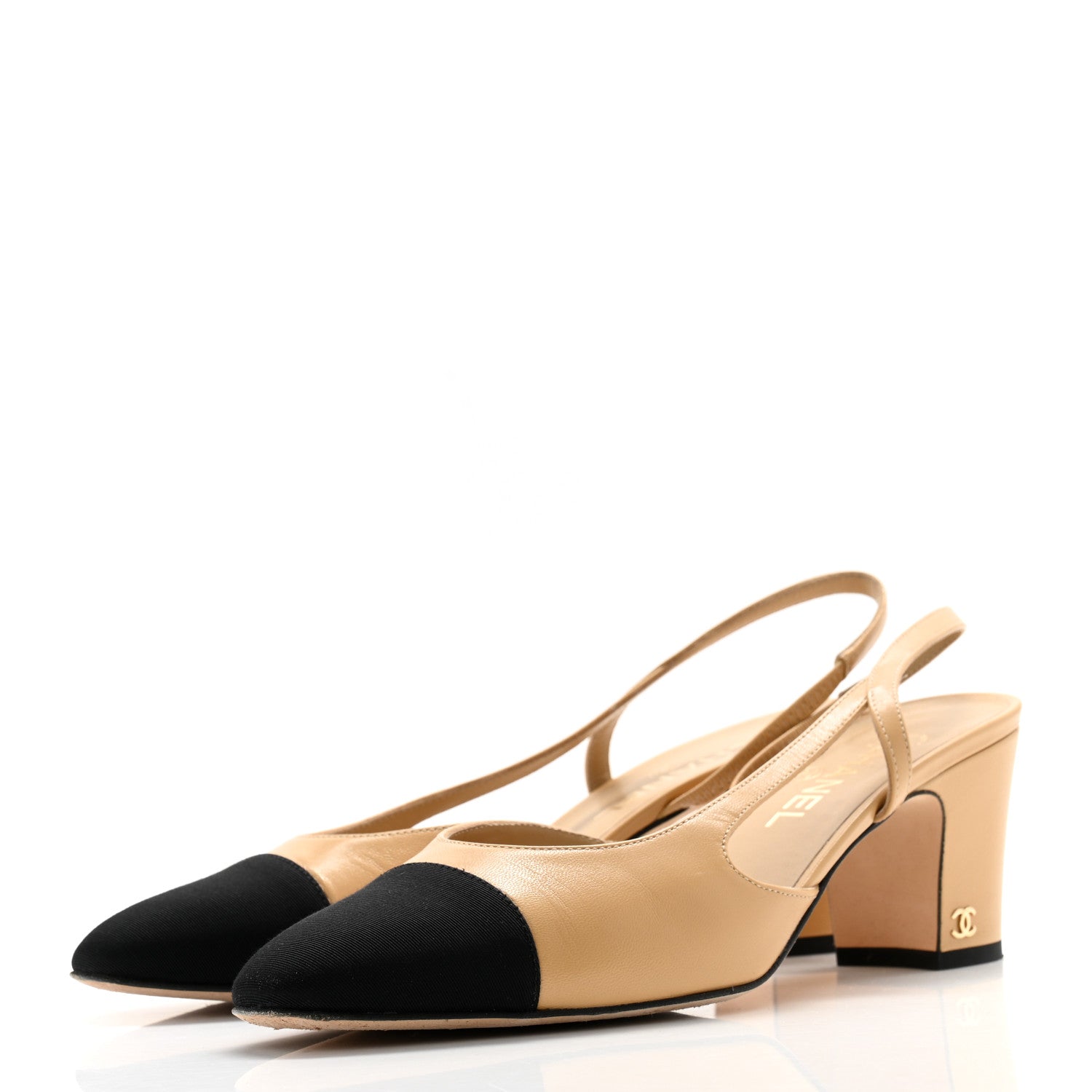Chanel Goatskin Grosgrain Cap Toe CC Slingback Pumps 40.5 Beige Black 3 of 13