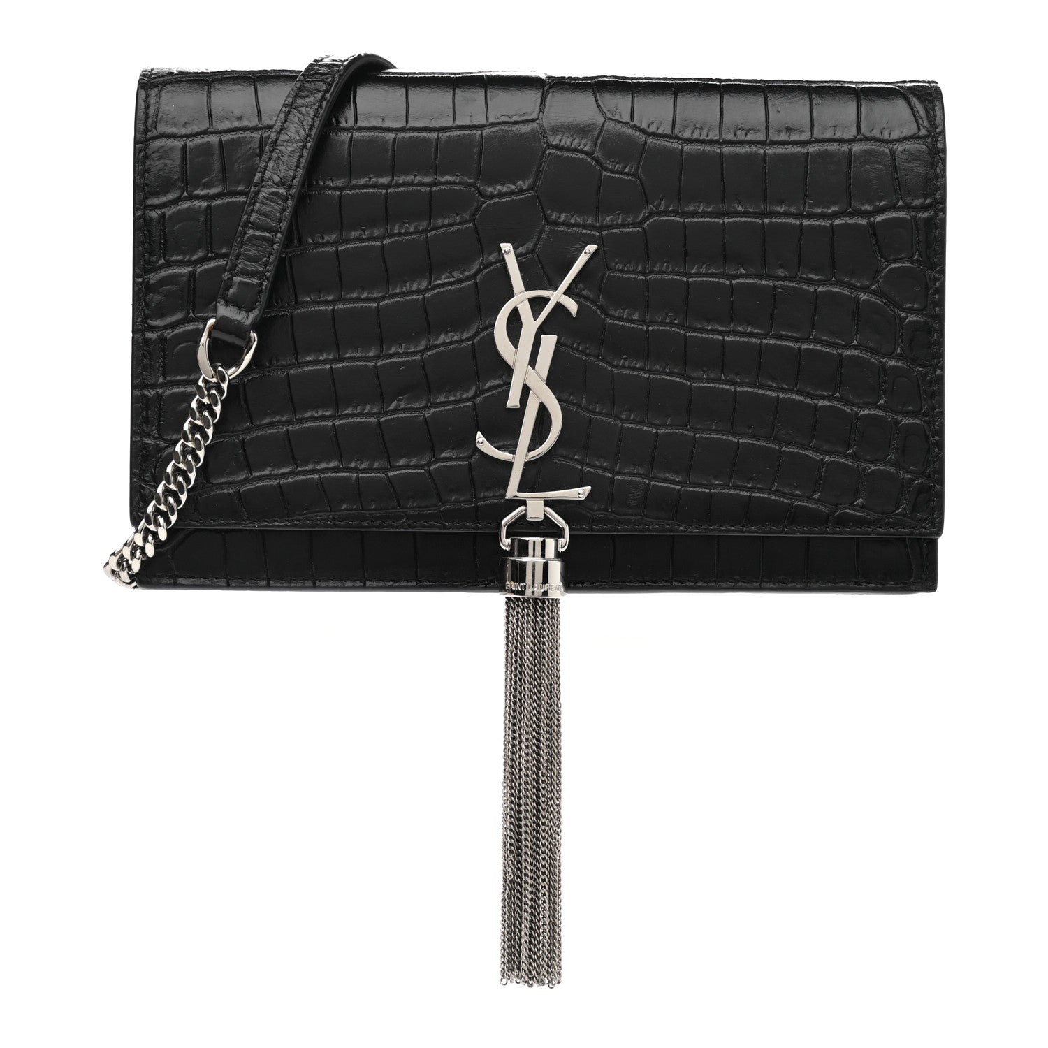 Saint Laurent Calfskin Crocodile Embossed Kate Monogram Tassel Chain Wallet Black 1 of 11