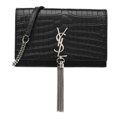 Saint Laurent Calfskin Crocodile Embossed Kate Monogram Tassel Chain Wallet Black 1 of 11