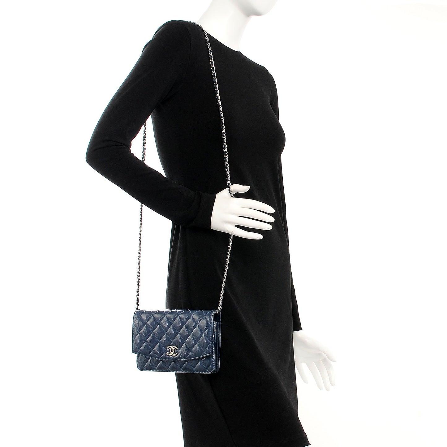 Patent Quilted Brilliant Wallet On Chain WOC Dark Blue