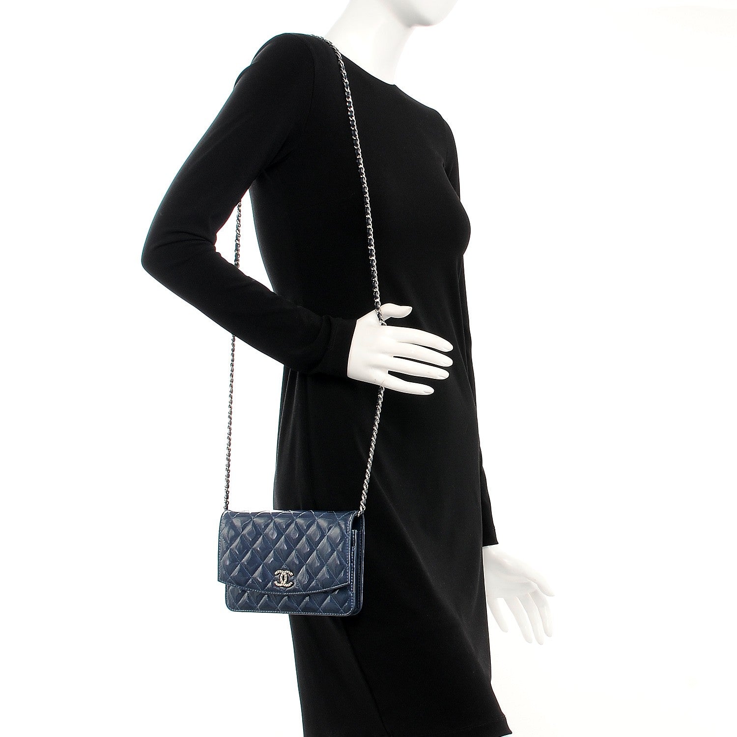 Chanel Patent Quilted Brilliant Wallet On Chain WOC Dark Blue 2 of 9