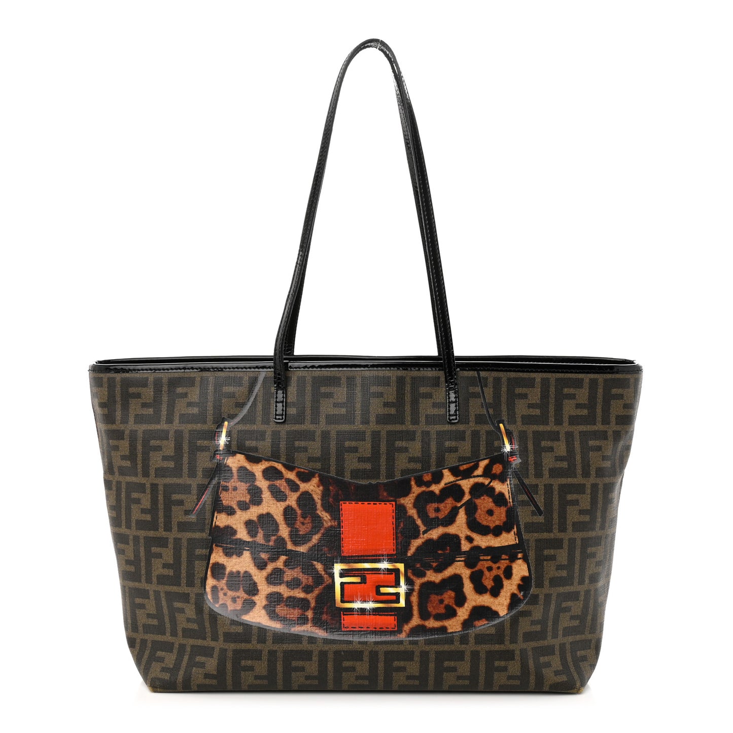 Zucca Spalmati Patent Baguette Print Medium Roll Tote Tobacco