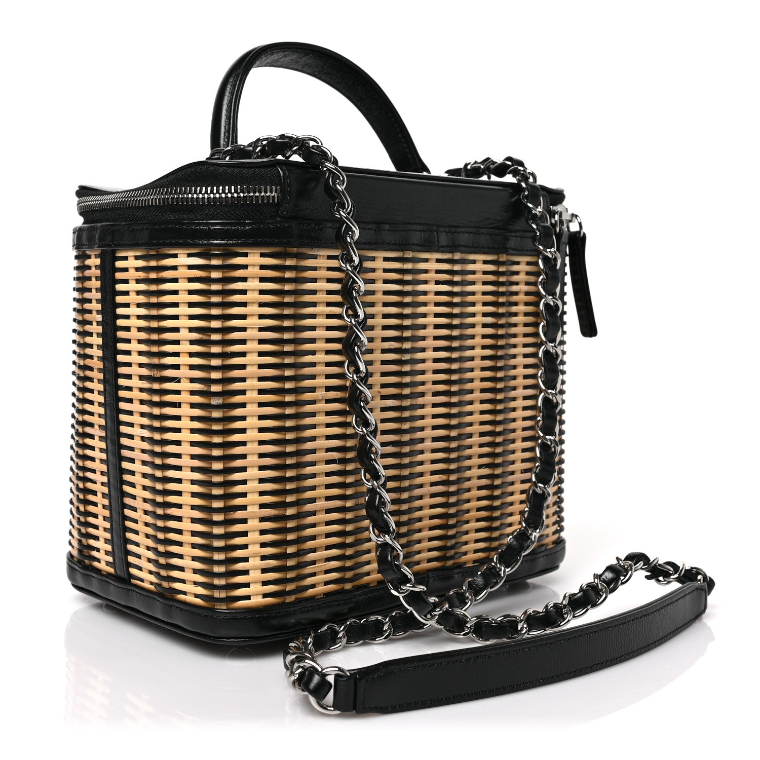 Chanel Glazed Calfskin Raffia Vanity Case Bag Black Beige 4 of 10