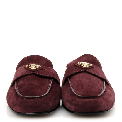 Prada Suede Metal Triangle Logo 10mm Loafer Mules 38.5 Bordeaux 3 of 9