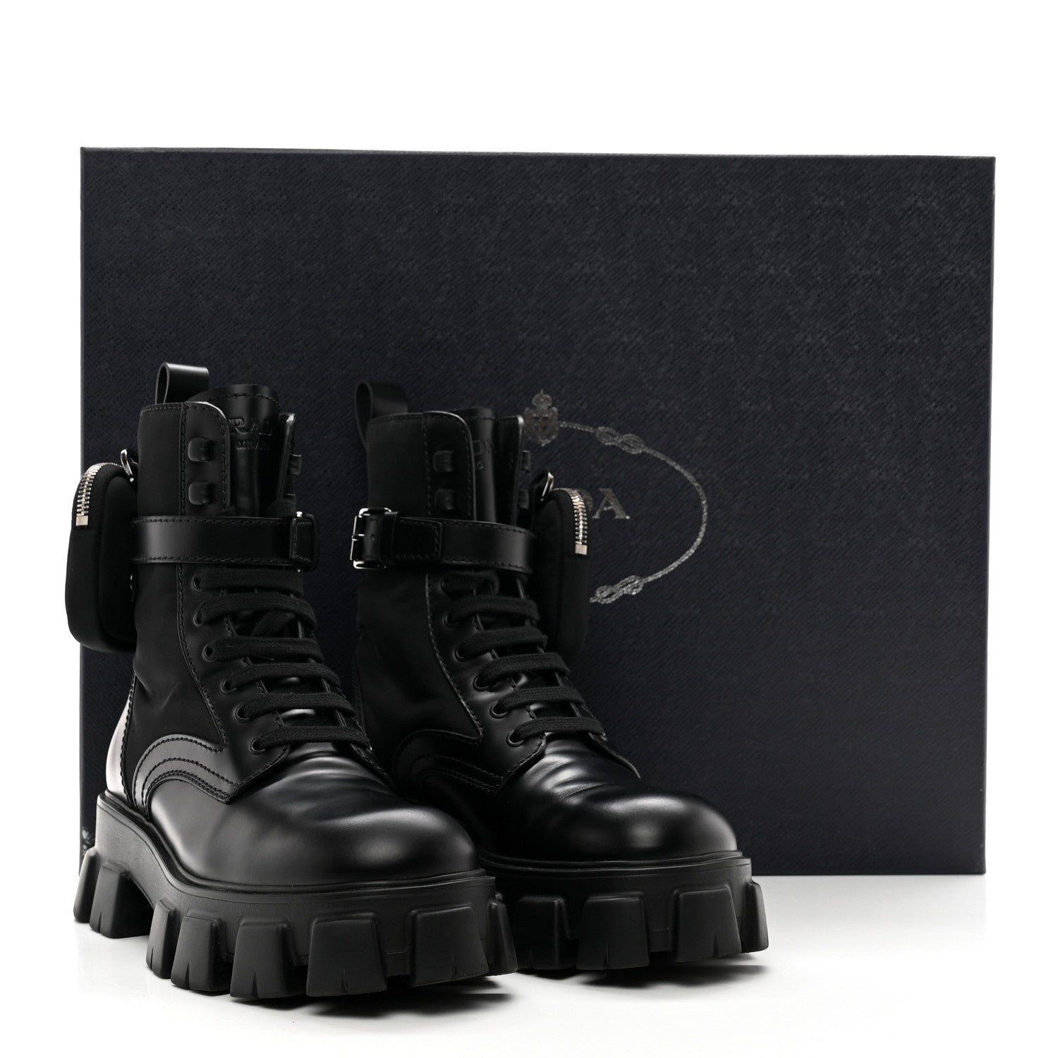 Prada Spazzolato Rois Re-Nylon Metal Triangle Logo Mens Monolith Pouch Pocket 60mm Combat Boots 7.5 Black 9 of 9