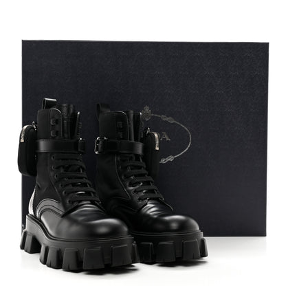 Prada Spazzolato Rois Re-Nylon Metal Triangle Logo Mens Monolith Pouch Pocket 60mm Combat Boots 7.5 Black 9 of 9