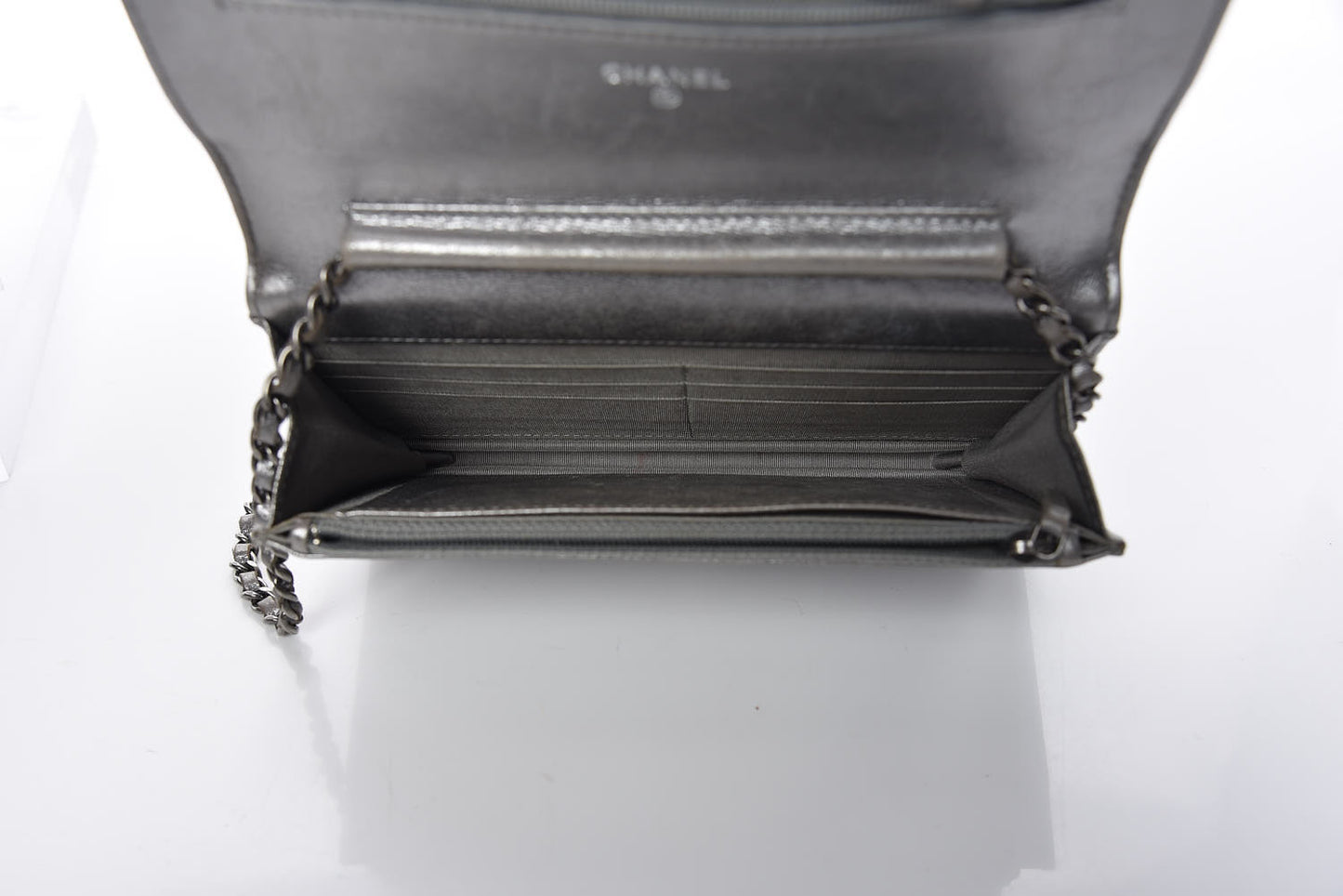 Metallic Calfskin Quilted Boy Wallet On Chain WOC Silver