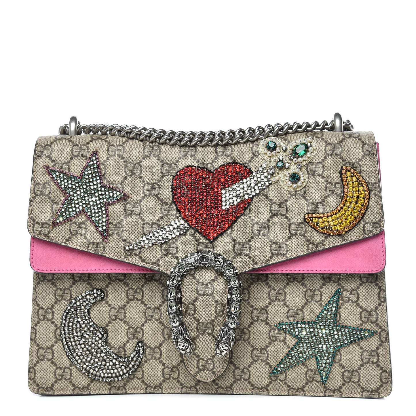 GG Supreme Monogram Suede Pierced Heart Embroidered Medium Dionysus Shoulder Bag Beige Ebony Pink Tropical Flower