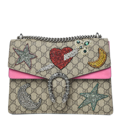 Gucci GG Supreme Monogram Suede Pierced Heart Embroidered Medium Dionysus Shoulder Bag Beige Ebony Pink Tropical Flower 1 of 20