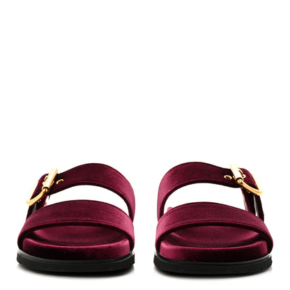 Prada Velvet Metal Triangle Logo Womens Double Buckle 20mm Slide Sandals 37.5 Bordeaux 2 of 10