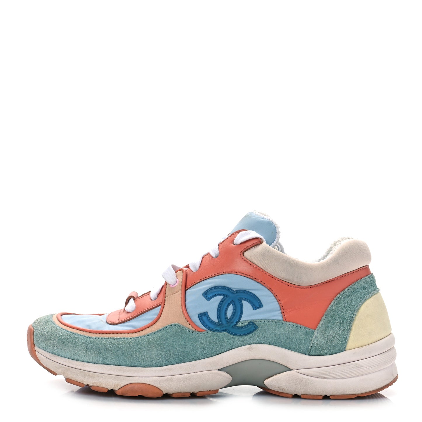 Nylon Lambskin Suede Calfskin CC Sneakers 36.5 Coral Light Blue White