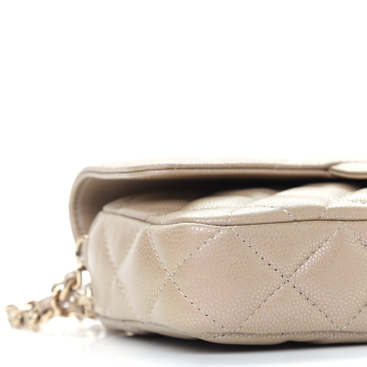 Iridescent Caviar Quilted Flap Phone Holder With Chain Beige
