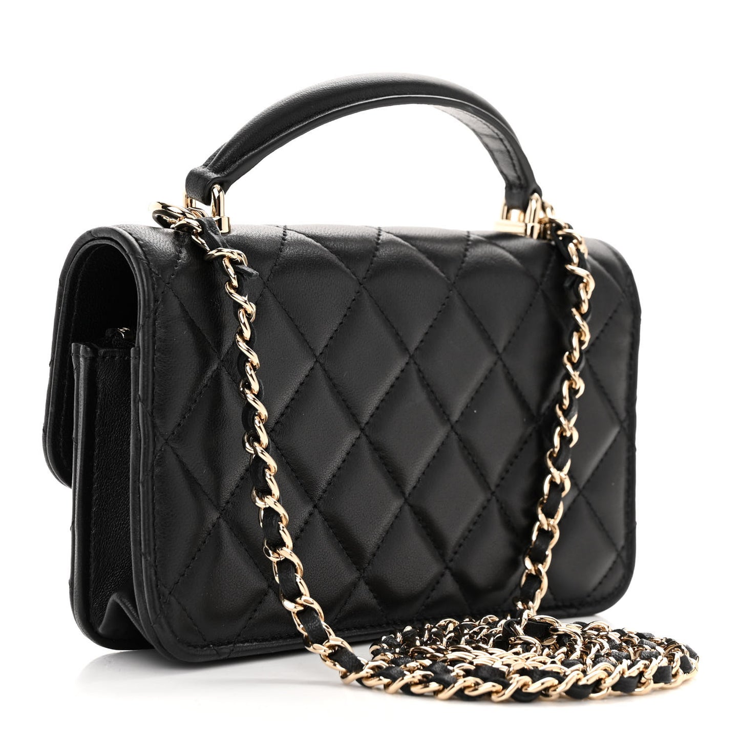Lambskin Quilted Flap Phone Holder With Chain Black