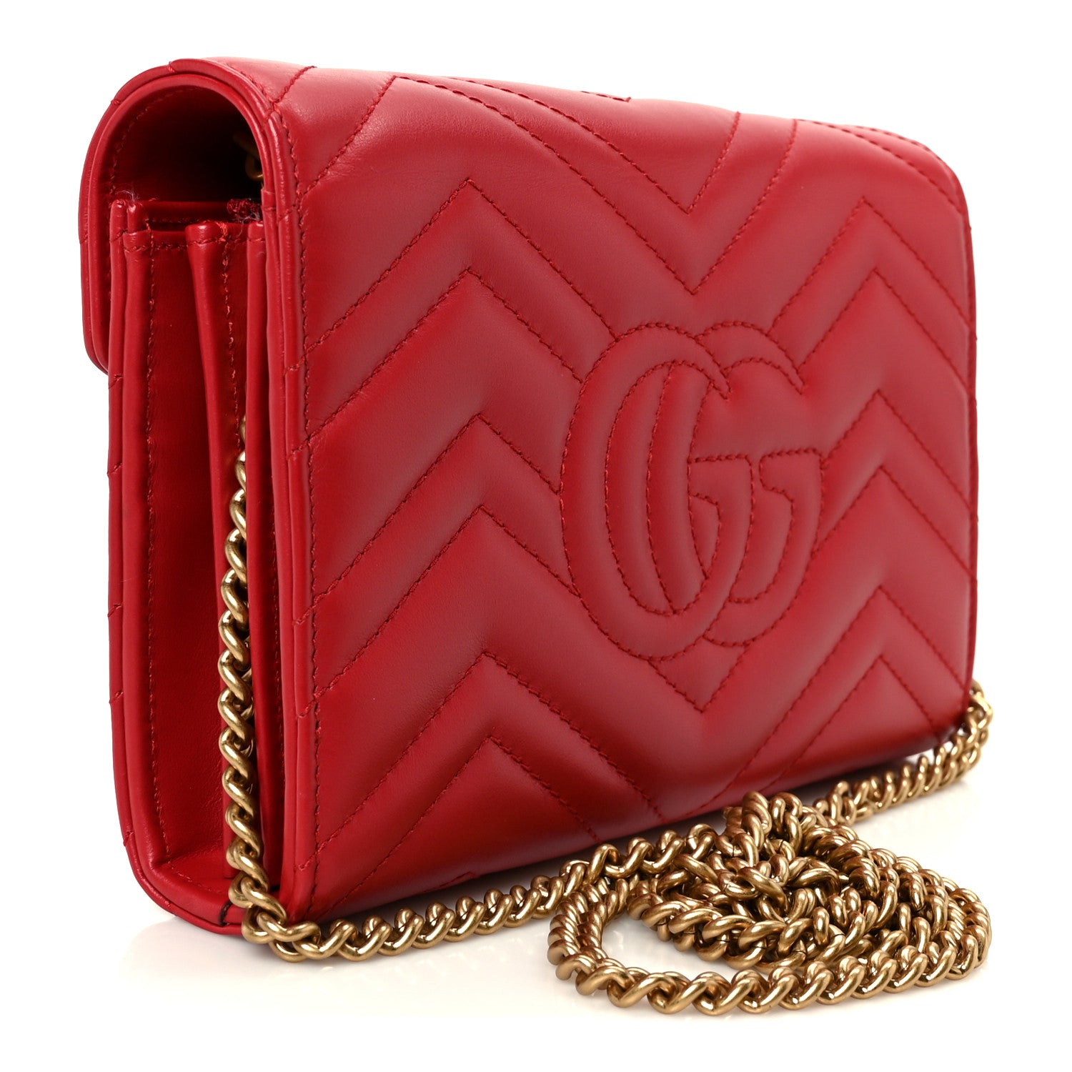Gucci Calfskin Matelasse GG Marmont Chain Wallet Cuir Hibiscus Red 3 of 11