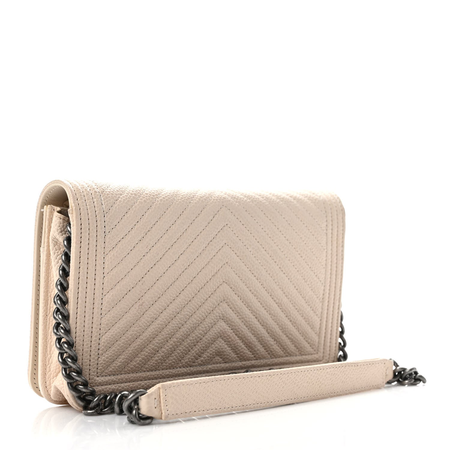Chanel Caviar Chevron Quilted Boy Wallet On Chain WOC Light Beige 3 of 10