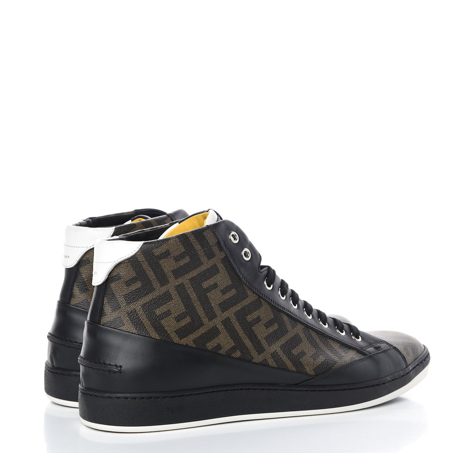 Glazed Fabric Calfskin FF Mens Wimbledon High-Top Sneakers 12 Tobacco Black White