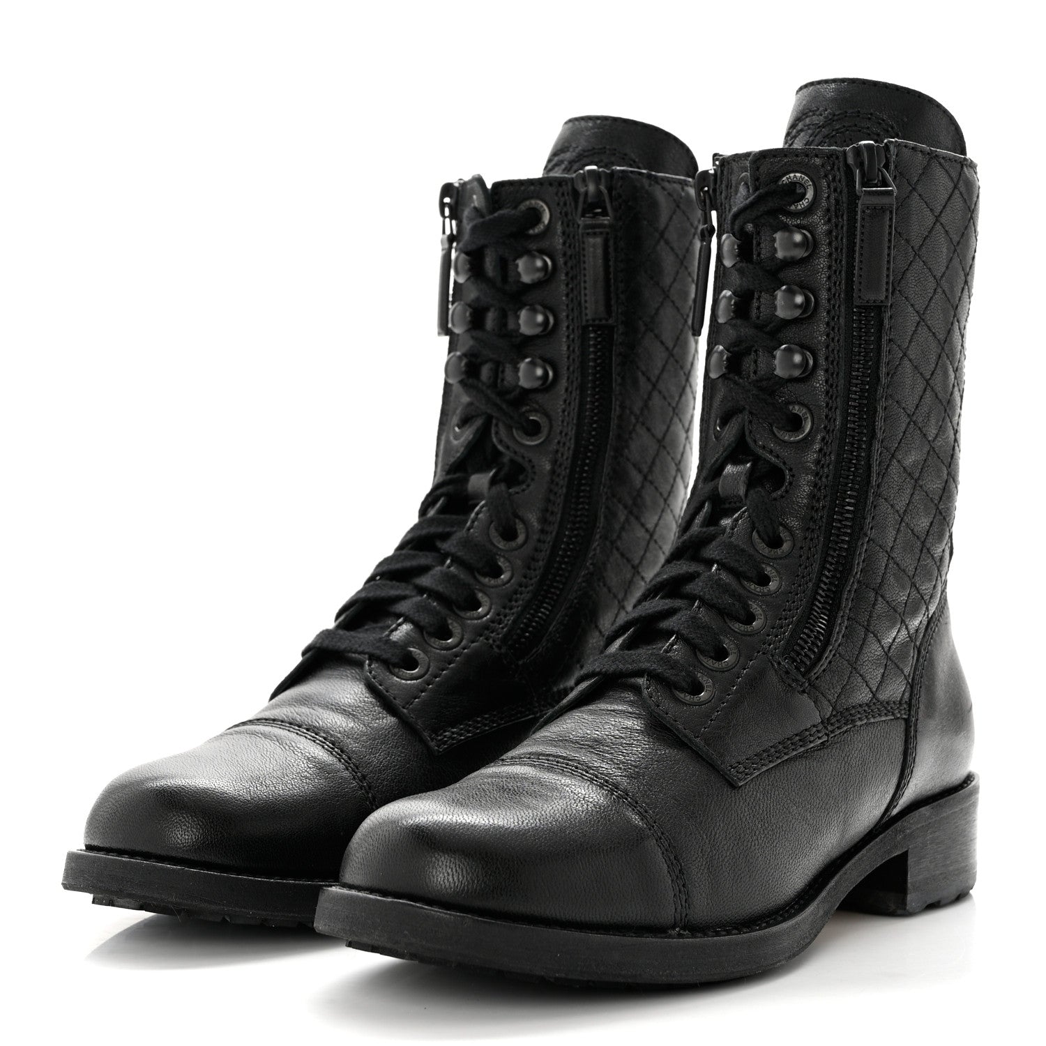 Chanel Sheepskin Quilted CC Tall Lace Up Combat Boots 37.5 Black 3 of 9