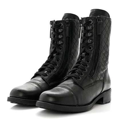 Chanel Sheepskin Quilted CC Tall Lace Up Combat Boots 37.5 Black 3 of 9