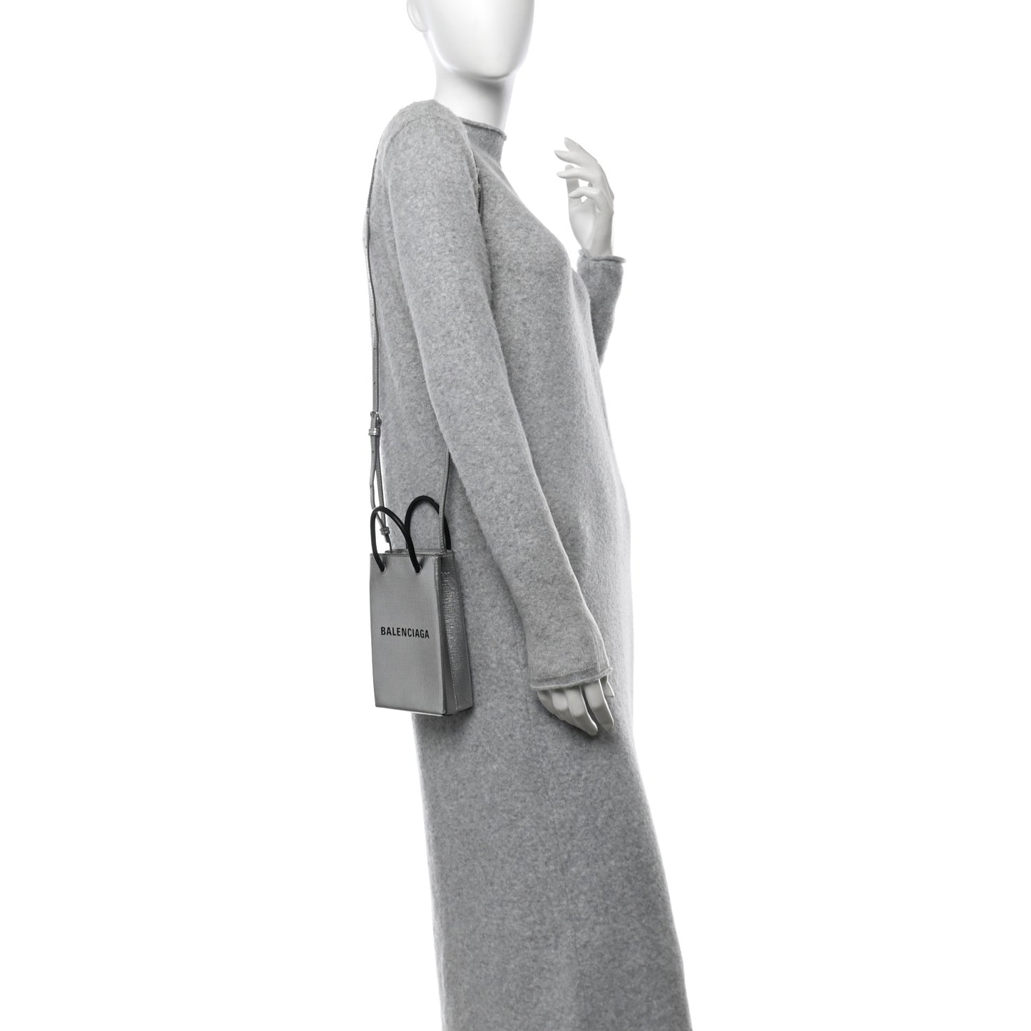 Metallic Textured Calfskin Logo Shopping Phone Holder Bag Silver