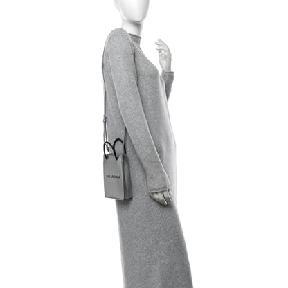 Balenciaga Metallic Textured Calfskin Logo Shopping Phone Holder Bag Silver 2 of 12