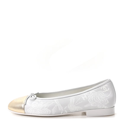 Chanel Lambskin Metallic Lambskin Cap Toe CC Ballet Flats 36 White Gold 1 of 9