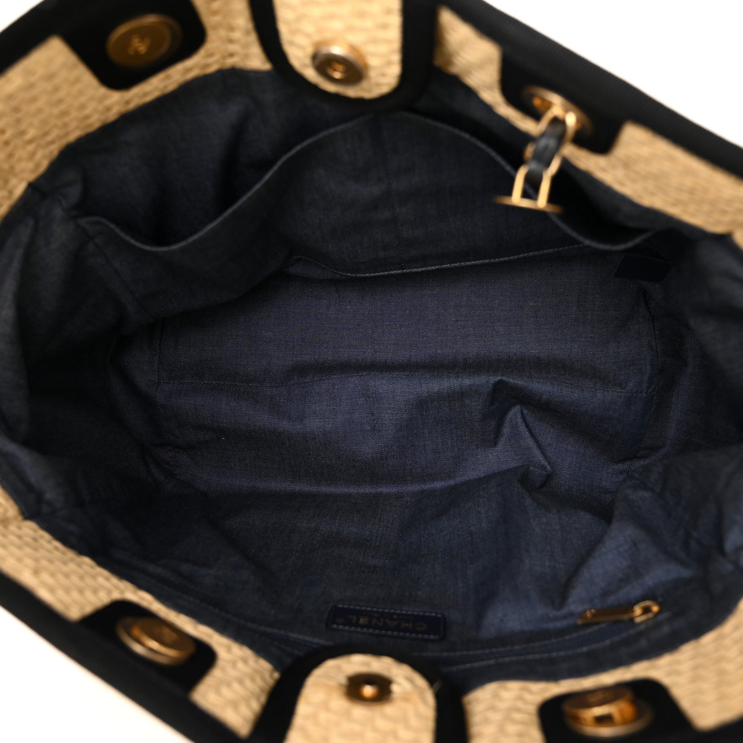 Straw Raffia Calfskin Chain Small Deauville Tote Beige Black