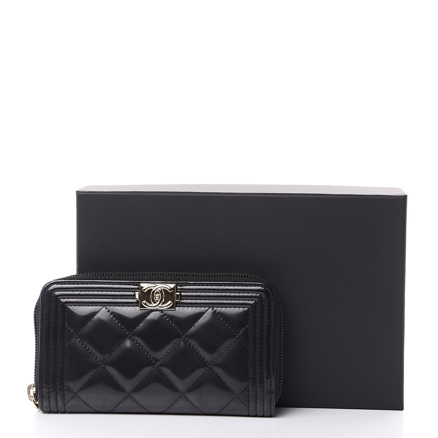 Glazed Calfskin Quilted Small Boy Zip Around Wallet Black