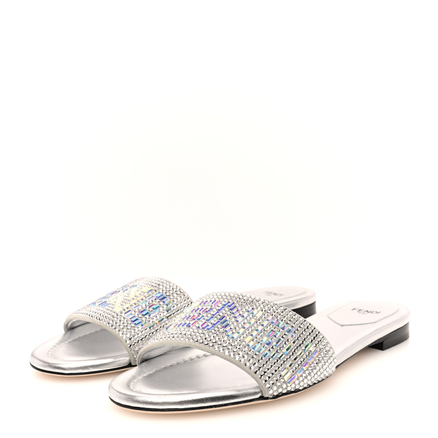 Laminated Goatskin Baguette Crystal Embroidered Signature Flat Slide Sandals 39 Silver
