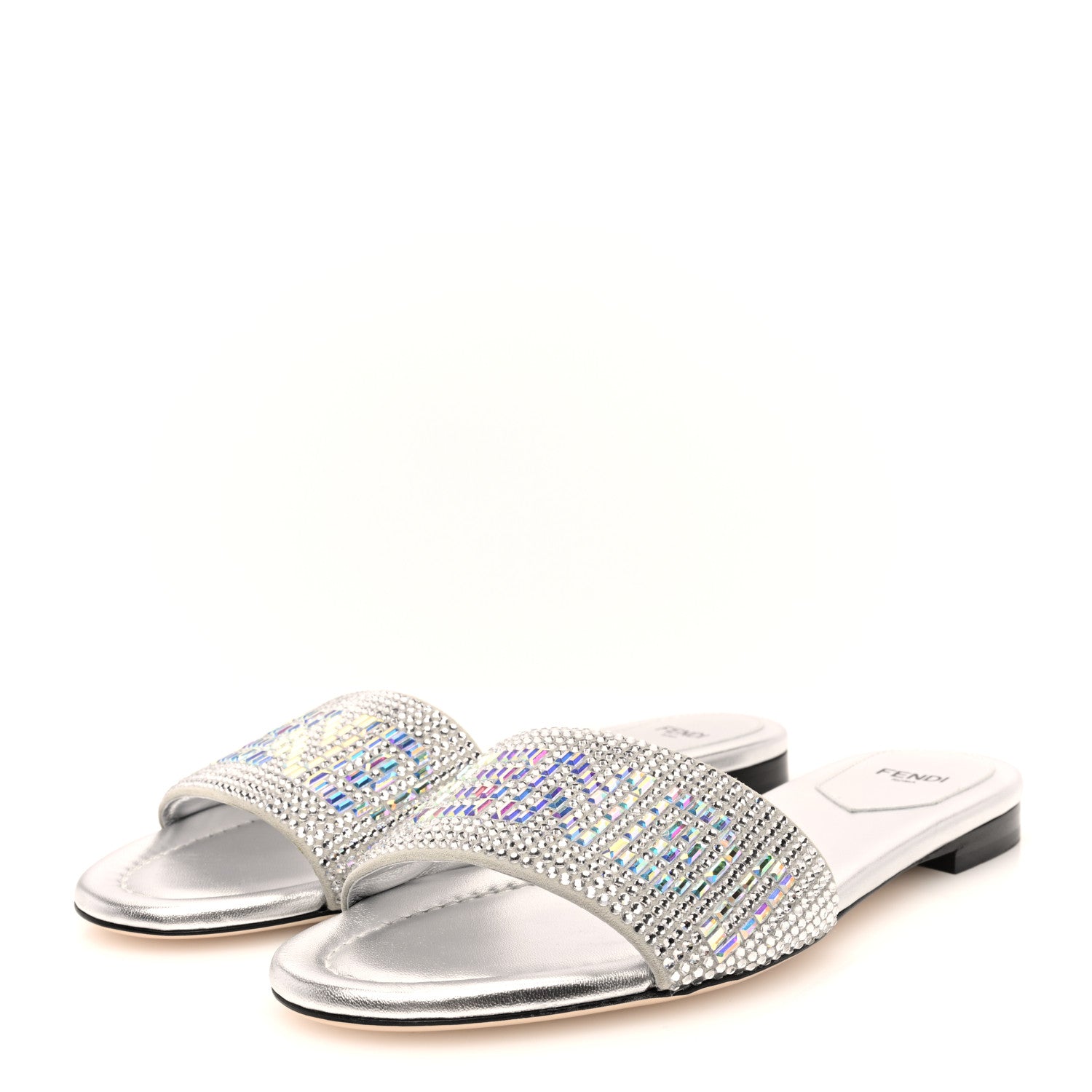 Fendi Laminated Goatskin Baguette Crystal Embroidered Signature Flat Slide Sandals 39 Silver 2 of 6