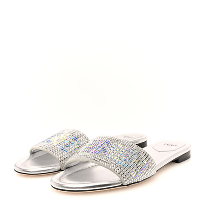 Fendi Laminated Goatskin Baguette Crystal Embroidered Signature Flat Slide Sandals 39 Silver 2 of 6