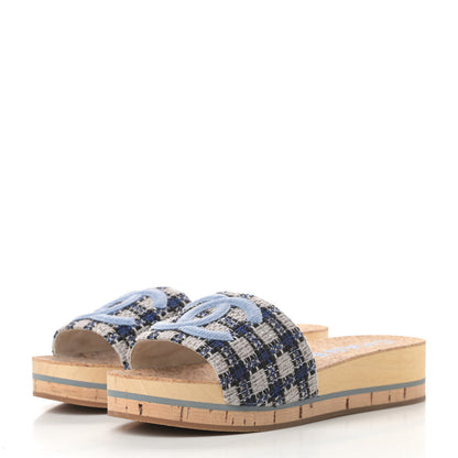 Chanel Tweed Mixed Fibers Cork CC Mule Sandal 41 Navy Blue White Blue 3 of 12