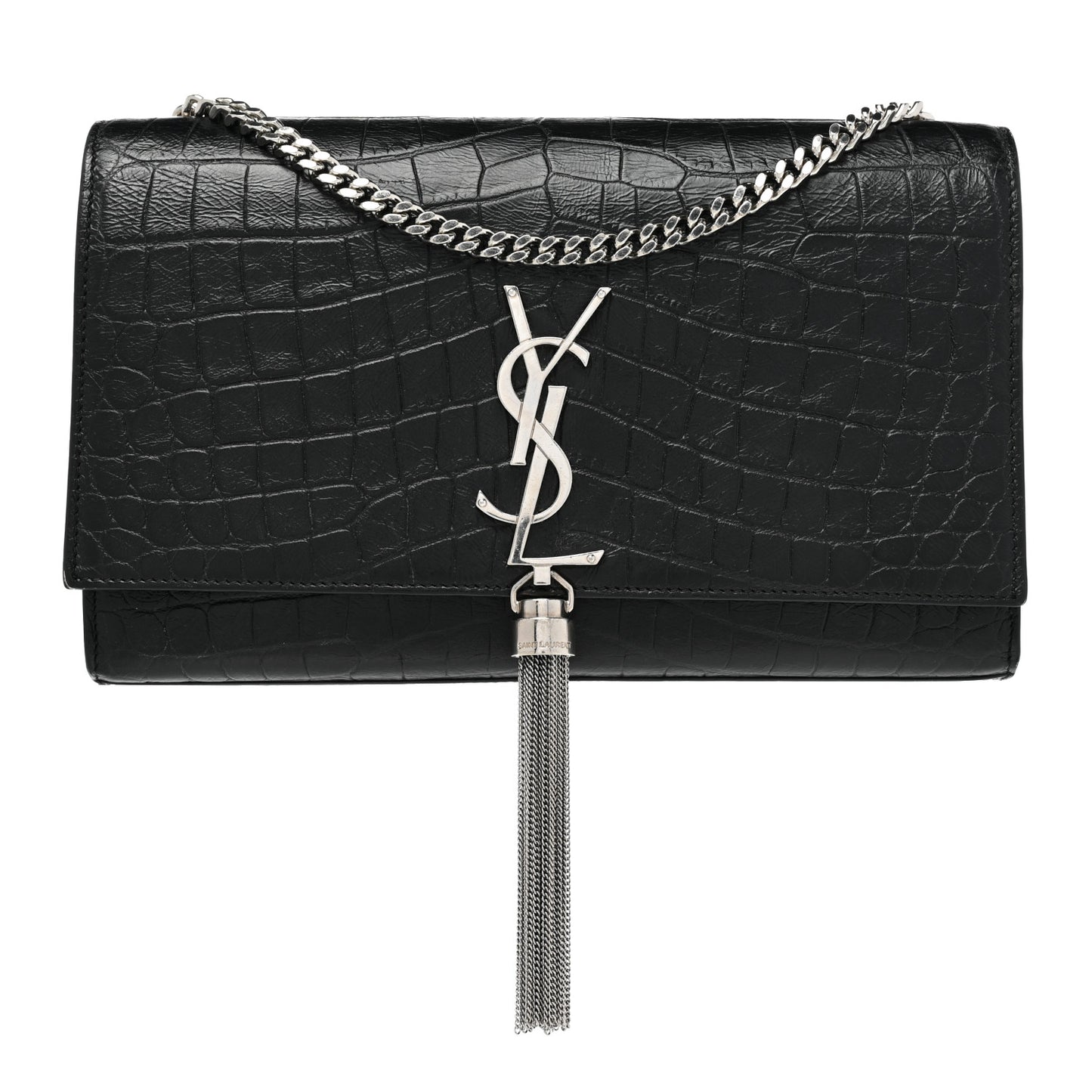 Calfskin Crocodile Embossed Medium Classic Monogram Kate Tassel Satchel Black