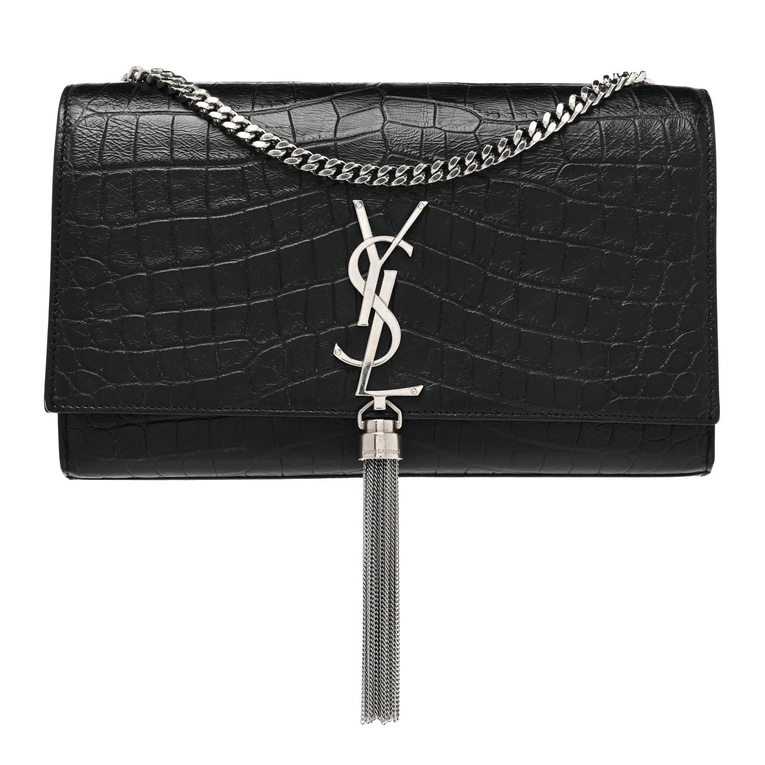 Saint Laurent Calfskin Crocodile Embossed Medium Classic Monogram Kate Tassel Satchel Black 1 of 8