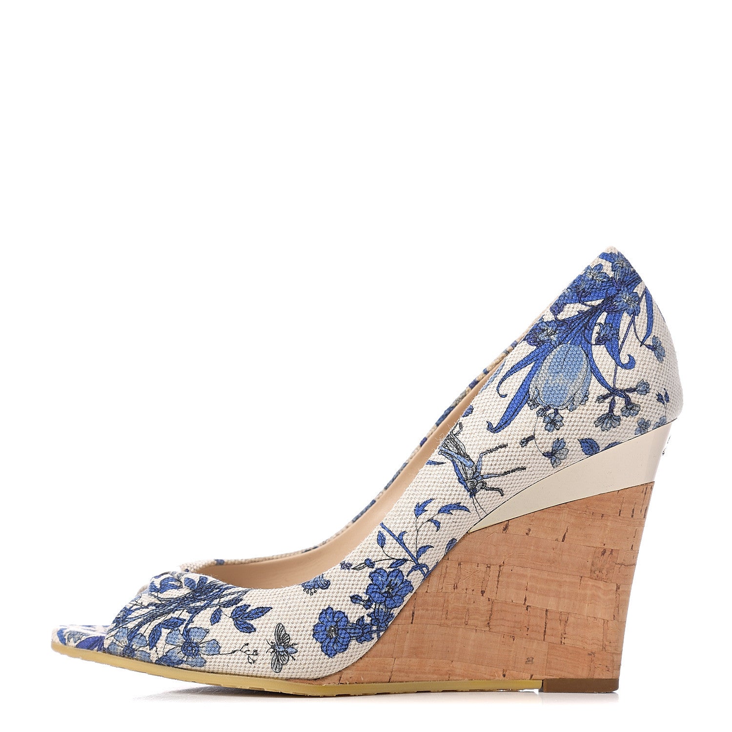 Gucci Canvas Cork Flora Peep Toe Wedge 7 Indigo 1 of 9