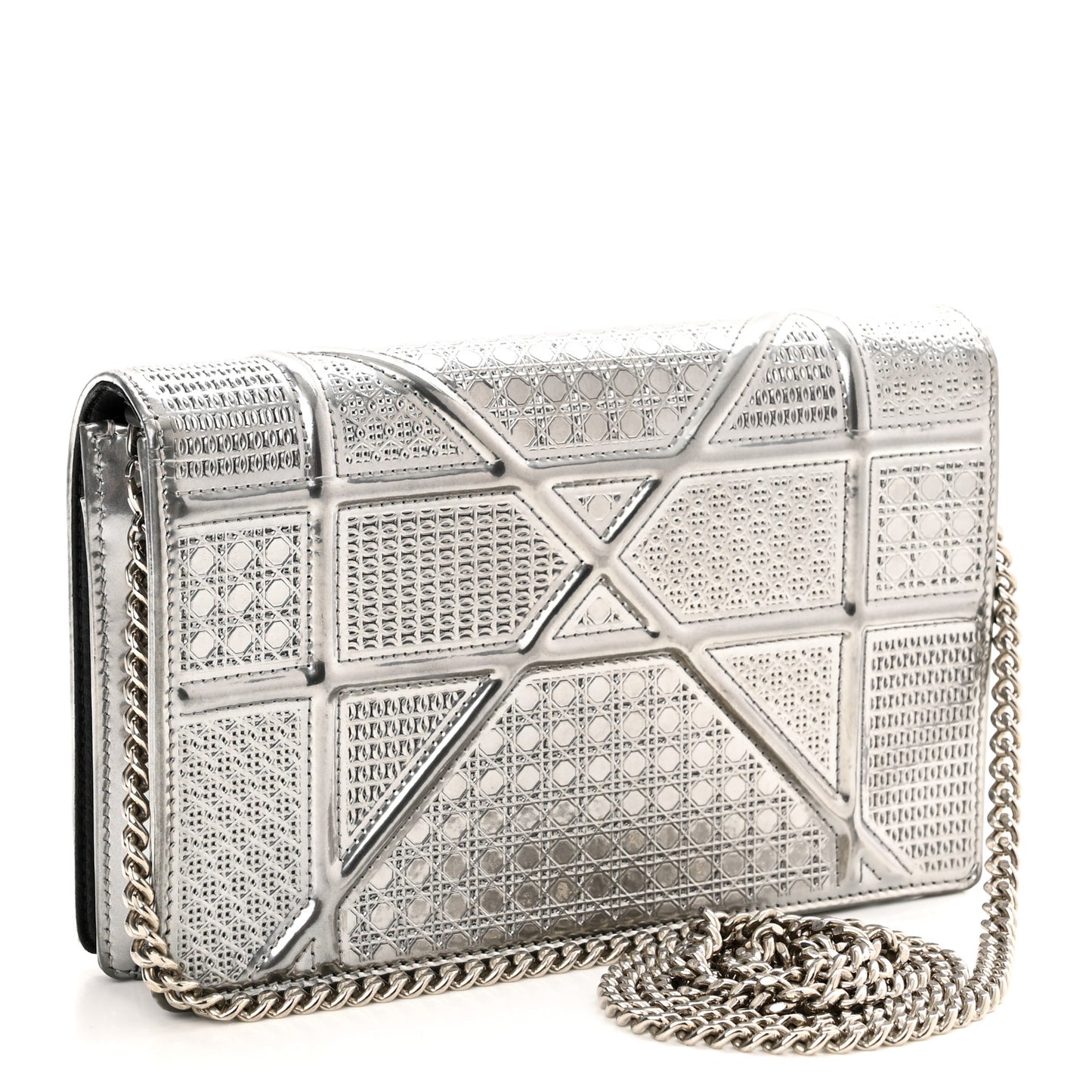 Metallic Patent Micro-Cannage Diorama Wallet on Chain Pouch Silver