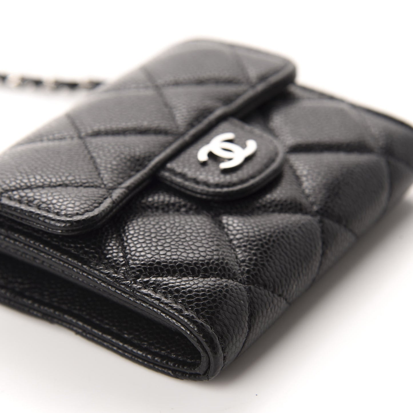 Caviar Quilted Flap Card Holder On Chain Black