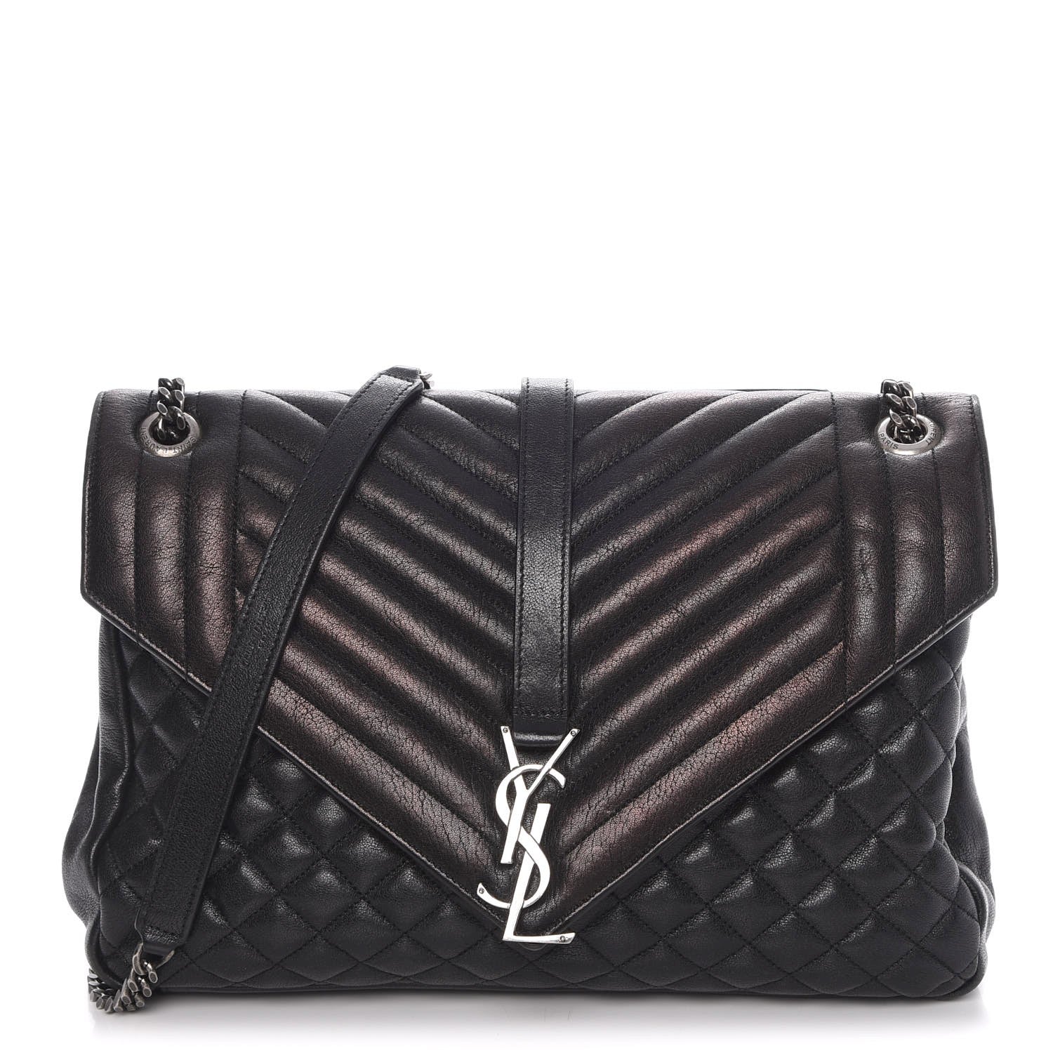 Saint Laurent Calfskin Mixed Matelasse Triquilt Large Monogram Satchel Black 1 of 9