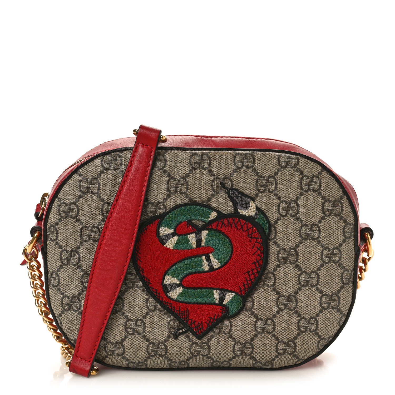Gucci GG Supreme Monogram Kingsnake Heart Embroidered Mini Chain Shoulder Bag Beige Hibiscus Red 1 of 12