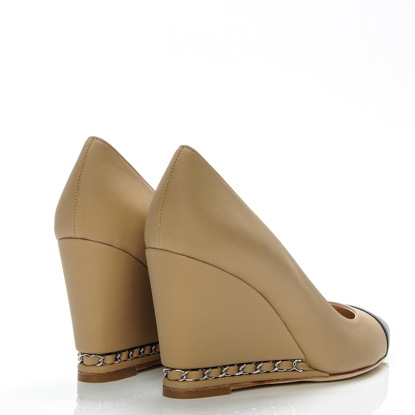 Calfskin Cap Toe Chain Wedge Pumps 39.5 Marron Clair Black