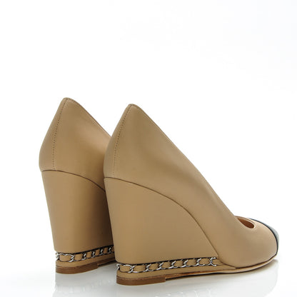 Chanel Calfskin Cap Toe Chain Wedge Pumps 39.5 Marron Clair Black 4 of 7