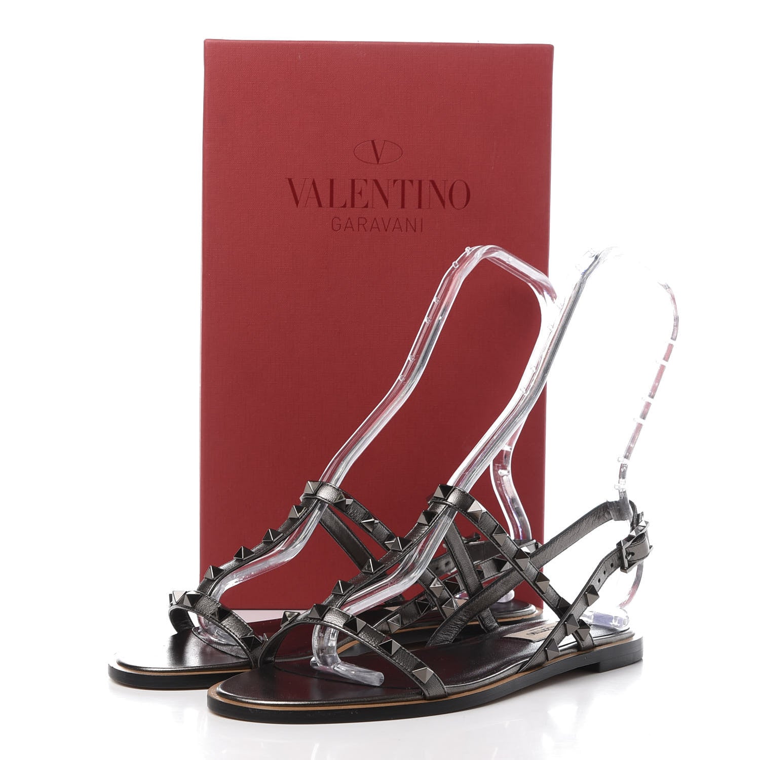 Valentino Garavani Metallic Nappa Rockstud T-Strap Slingback Flat Sandals 37.5 Rutenio 9 of 9