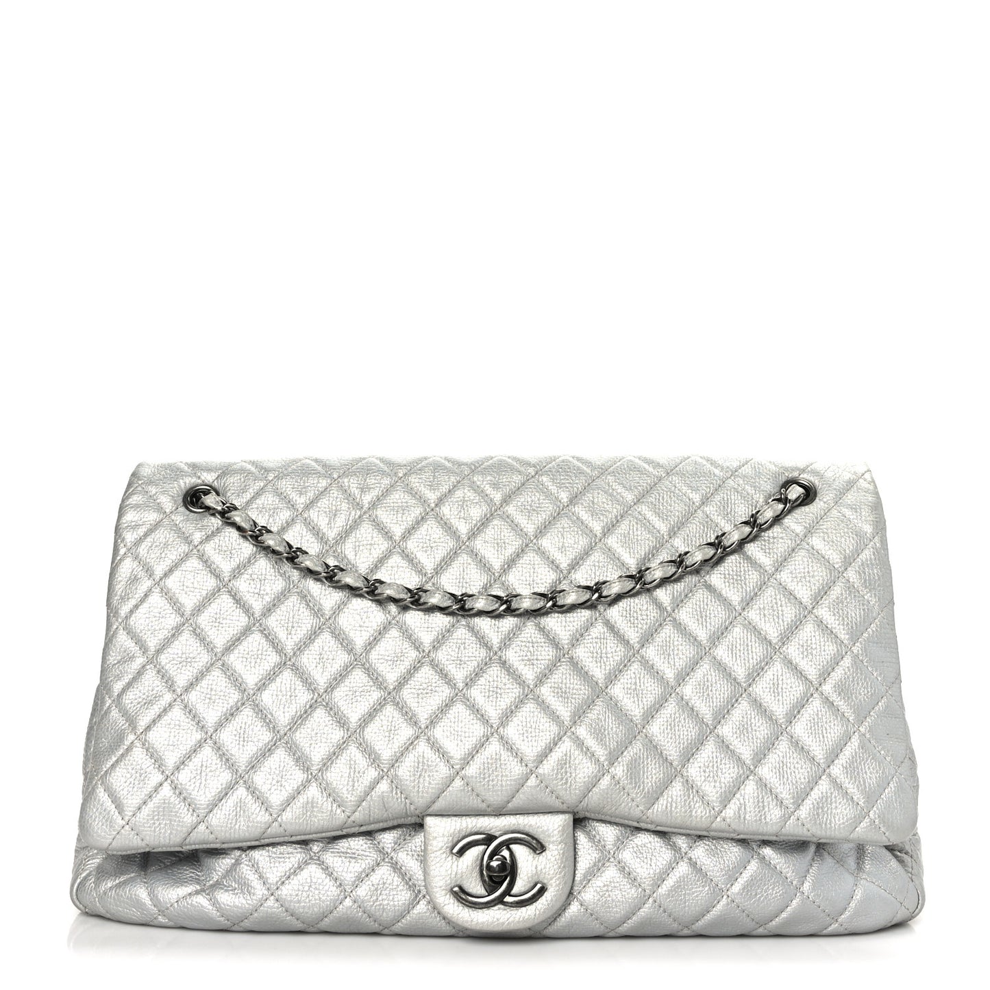 Metallic Calfskin Quilted XXL Travel Flap Bag Silver